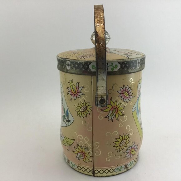 Floral Biscuit Tin With Handle Asian Style Tin Flowers and Butterflies Vintage - Picture 7 of 10